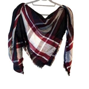 J. Jill Burgundy and Black Plaid Blanket Scarf 46x46 inches NWT